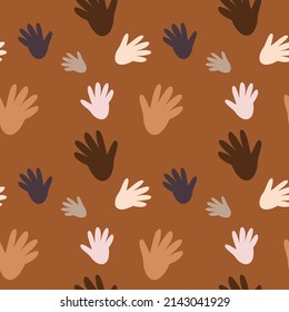 seamless pattern on a brown background. Same hands, different color, different sizes. with colors pink, white, brown and grey