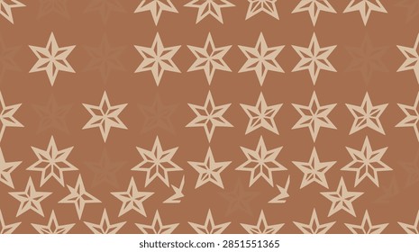 Seamless pattern on brown background with scattered white six-pointed stars arranged in grid and random clusters.
