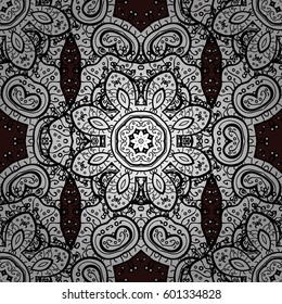 Seamless pattern on brown background with golden elements. Openwork delicate golden pattern. Brilliant lace, stylized flowers, paisley. Vector oriental style arabesques. Seamless golden texture curls.