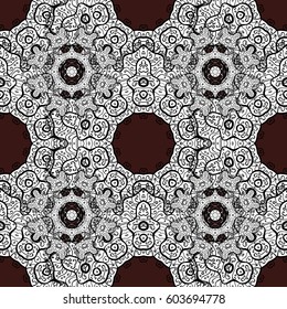 Seamless pattern on brown background with white elements. Classic vintage background. Traditional orient ornament. Seamless classic vector white pattern.
