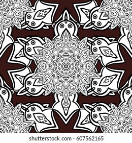 Seamless pattern on brown background with white elements. Classic vector white seamless pattern. Classic vintage background. Traditional orient ornament.