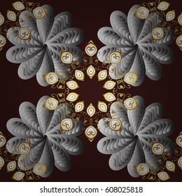 Seamless pattern on brown background with golden elements. Seamless classic vector golden pattern. Traditional orient ornament, classic vintage background.