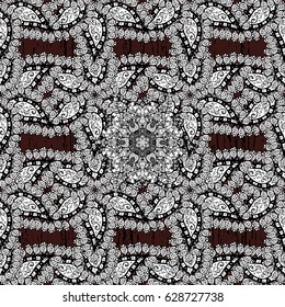 Seamless pattern on brown background with white elements. Vector. Brilliant lace, stylized flowers, paisley. Openwork delicate white pattern. Seamless white texture curls. Oriental style arabesques.