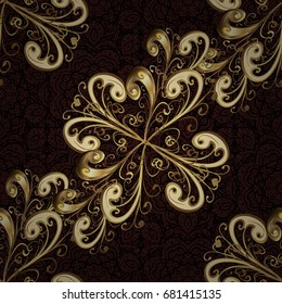 Seamless pattern on brown background with golden elements. Seamless golden pattern. Vector oriental ornament.