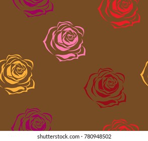 Seamless pattern on a brown background beautiful roses hand drawn. Background of colored roses on holiday. Vector illustration.