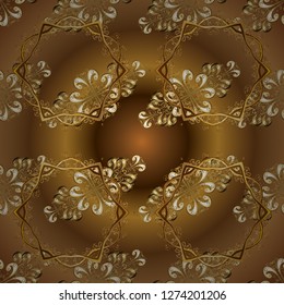 Seamless pattern on brown and beige colors with golden elements. Vector oriental ornament. Seamless golden pattern.