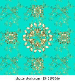 Seamless pattern on brown and blue colors with golden elements. Classic vector golden seamless pattern. Classic vintage background. Traditional orient ornament.