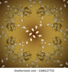 Seamless pattern on brown and yellow colors with golden elements. Traditional orient ornament. Classic vintage background. Classic vector golden seamless pattern.