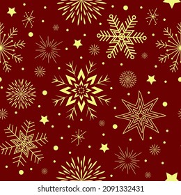 patrón ininterrumpido en un fondo burdeos copos de nieve amarillos estrellas y círculos