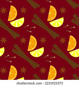 Seamless pattern on a burgundy background. Christmas mood. The smell of citrus fruits, drawing slices of orange and lemon, cinnamon, cloves, anise. Vector illustration