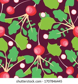 
seamless pattern on a burgundy radish background with leaves and tail and sliced ​​radish rings