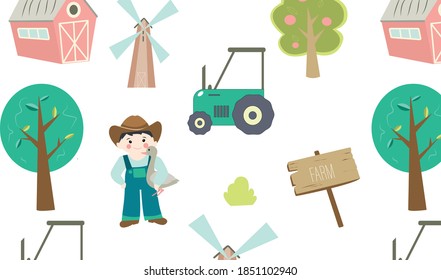 seamless pattern on cartoon farm theme, endless texture with farmer, tractor, trees,barn, windmill