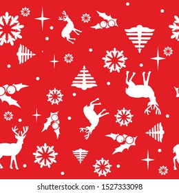 Seamless pattern on a Christmas theme on a red holidays background. For printing on fabric, paper. Merry christmas and a happy new year!