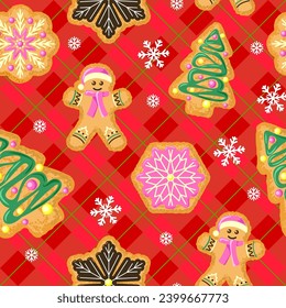 Seamless pattern on a Christmas theme. Winter seamless pattern with gingerbread cookies on a checkered tablecloth background.