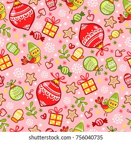  Seamless pattern on a christmas theme. Vector illustration with New Year ornaments on a pink background.
