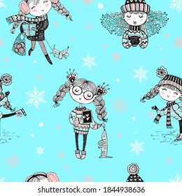 Seamless pattern on Christmas winter theme with cute girls in Doodle style. Vector.