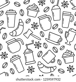 Seamless pattern on coffee theme. Black outline design. Vector illustration