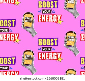 Seamless pattern on coffee theme in retro collage style with pencil doodles and grainy texture. Hand with halftone effect holds cup of coffee with the power coffee sticker.