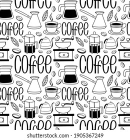 Seamless pattern on a coffee themed in the style of doodling. Hand lettering coffee, coffee accessories. For the design of coffee shops, posters, advertising, posters, postcards