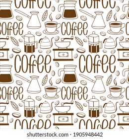 Seamless pattern on a coffee themed in the style of doodling. Hand lettering coffee, coffee accessories. For the design of coffee shops, posters, advertising, posters, postcards.