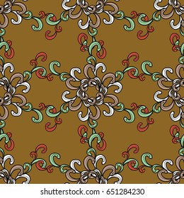 Seamless pattern on colorful background with ornamental elements and with colorfil doodles. Seamless Ornamental pattern. Vector oriental ornament.