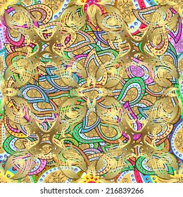 Seamless pattern on colorful doodles background with golden grid. Vector illustration. 