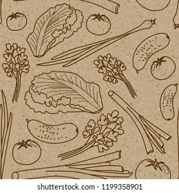 Seamless pattern on craft paper. Vegetables and greens.