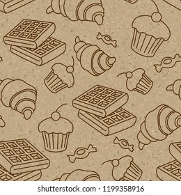 Seamless pattern on craft paper. Sweets and pastries.