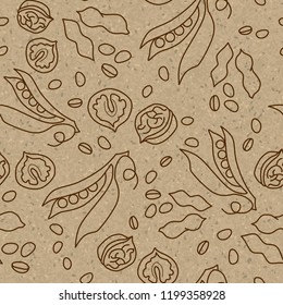 Seamless pattern on craft paper. Nuts and legumes.