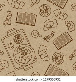 Seamless pattern on craft paper. Breakfast with a tray and a book.