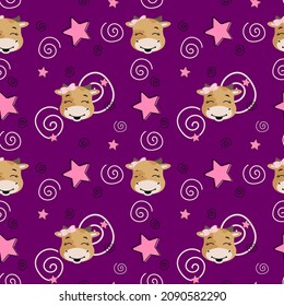 Seamless pattern on a crimson background with cows, curls and stars