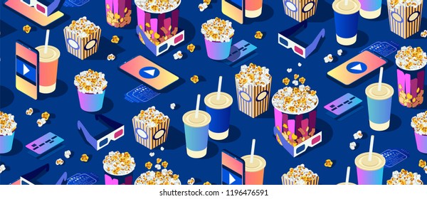 seamless pattern on dark background. Popcorn, cola, 3d movie eyeglasses and smartphone. Bright modern cinema texture. Isometric 3d