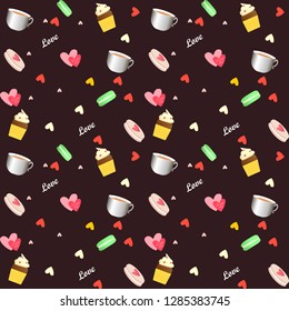 Seamless pattern on a dark background: coffee, macaron, cupcake, cake and hearts.