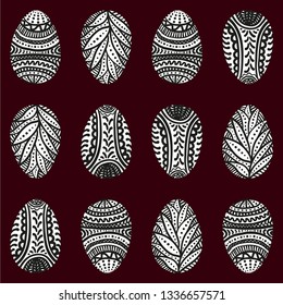 Seamless pattern on dark background. Painted Easter eggs are depicted on a dark cherry background. Vector illustration.