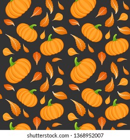 Seamless pattern on dark background with orange pumpkin. Pumpkin vegetable. Autumn background. Vector illustration.