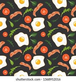 Seamless pattern on dark background with fried eggs, bacon, tomatoes and lettuce. Omelet, scrambled eggs. Breakfast food. Vector illustration.