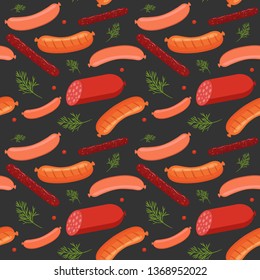 Seamless pattern on dark background with sausages and salami. Sausage, salami and meat food with dill and peppercorns. Vector illustration.