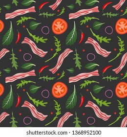 Seamless pattern on dark background with bacon, tomatoes, onion and lettuce. Breakfast food. Vector illustration.