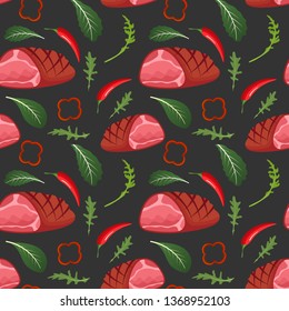 Seamless pattern on dark background with baked glazed ham, paprika, hot pepper, onion and arugula. Meat products background. Vector illustration.