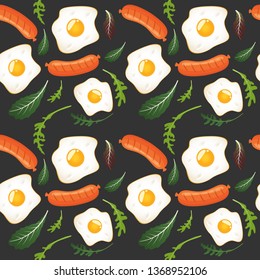 Seamless pattern on dark background with fried eggs, sausages, and lettuce. Omelet, scrambled eggs. Breakfast food. Vector illustration.