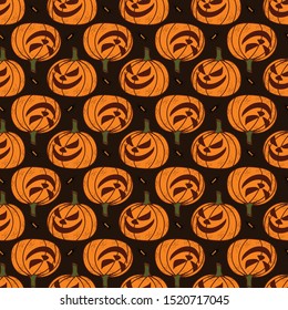 Seamless pattern on a dark background on the holiday - Halloween. Pumpkins, a Ghost, a bat. Vector illustration