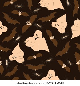 Seamless pattern on a dark background on the holiday - Halloween. Pumpkins, a Ghost, a bat. Vector illustration