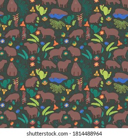 Seamless pattern on dark background with capybaras and evening meadow. Backdrop for print. Wildlife design with funny adorable cute animals.  Design for textile. Plants, flowers element