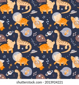 Seamless pattern on a dark background. Cute dinosaurs. Sketch dinosaur astronauts, planets, stars, rockets. Jurassic reptiles
dream of space. Suitable for baby textiles and packaging.