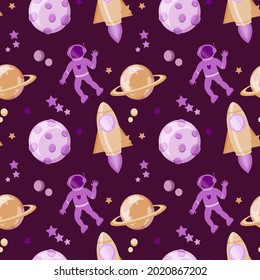 Seamless pattern on a dark background. Cute cartoon space set of astronaut, rockets and planets. Space. The vector is made in a flat style. Suitable for children's textiles and packaging.