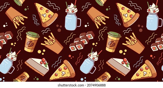 seamless pattern on dark background of icons with food and drinks for pizzeria or cafe. The elements are suitable for menu design, banners and advertising