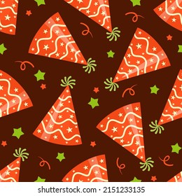 Seamless pattern on a dark background, on the theme of the birthday. Vector illustration depicting a cap
