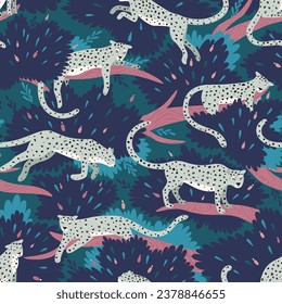 Seamless pattern on a dark background with leopards resting on tree branches. Leopards hide among the foliage of trees. Pattern for fabric. Flat vector illustration.