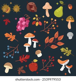 Seamless pattern on dark background, with vibrant, simplified illustrations of Penny Bun, Puffball and Fly agaric mushrooms, along with red apple, pear, grapes, chestnuts, acorns, and berries.