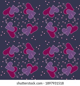 Seamless pattern on a dark blue background in pink colors with the image of hearts. For wrapping paper, textiles, etc.